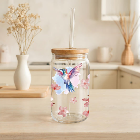 Water Color Humming Bird Design Can Glass Tumbler, Cherry Blossom Tree Eco Friendly Cup