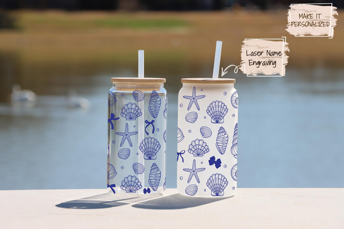 Custom Seashell Glass Tumbler, Beach Theme Iced Coffee Cup, Summer Can Glass