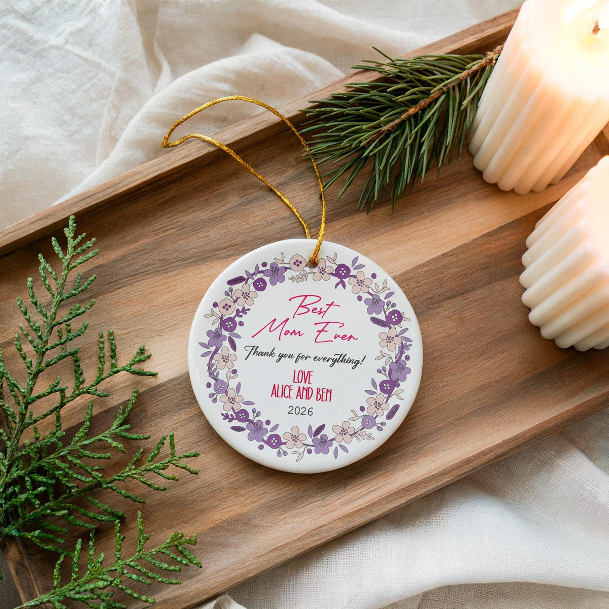 Personalized Floral Wreath Ceramic Ornament, Custom Mom Gift, Mother's Day Keepsake