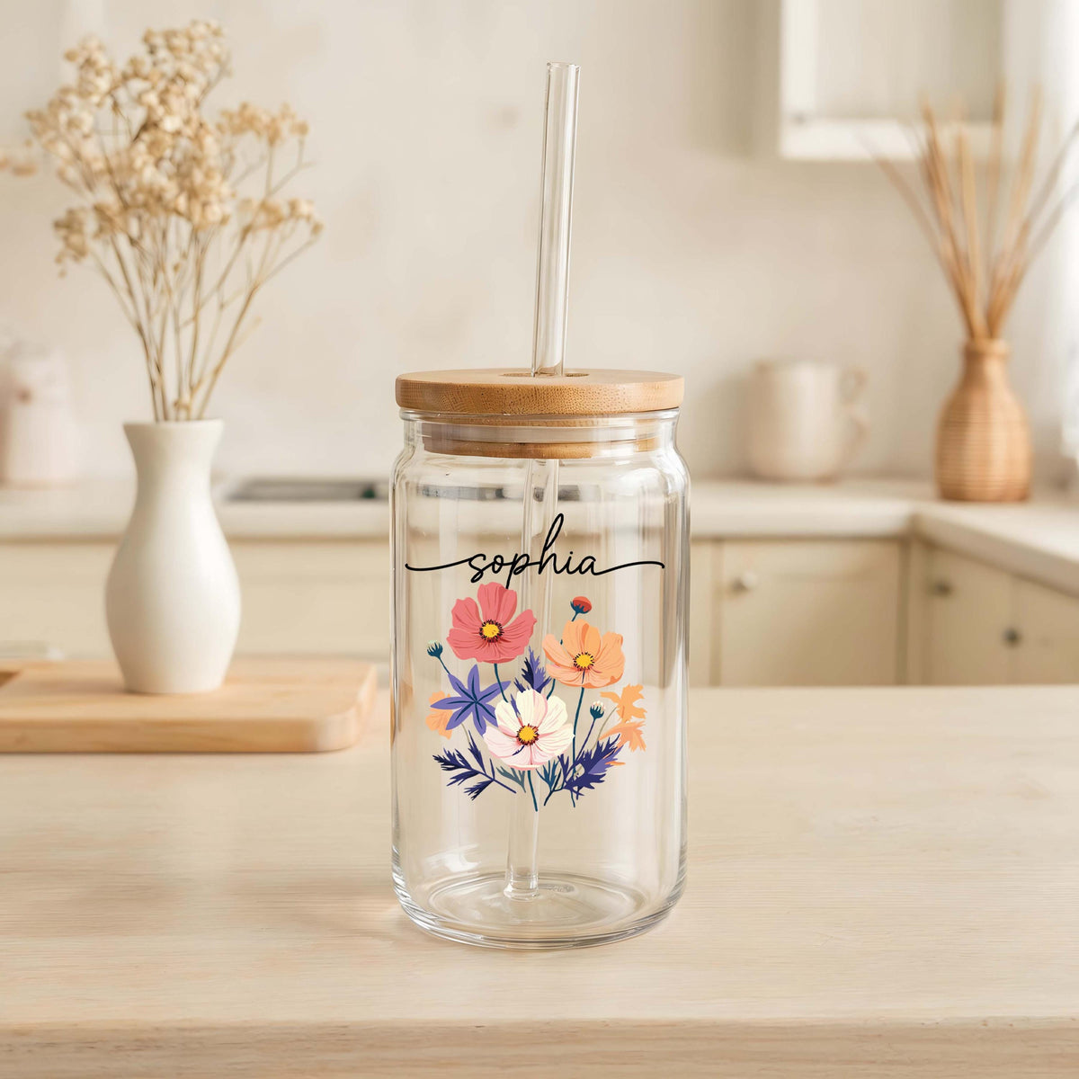 Personalized Colorful Birth Flower Cup, Water Color Floral Design Can Glass Tumbler