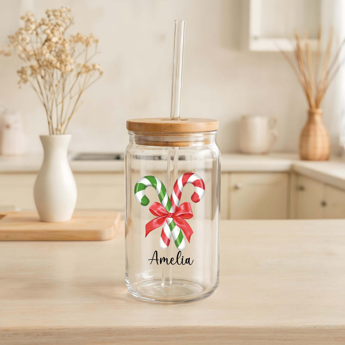 Custom Name Candy Cane Design Can Glass Tumbler, Christmas Party Iced Coffee Cup