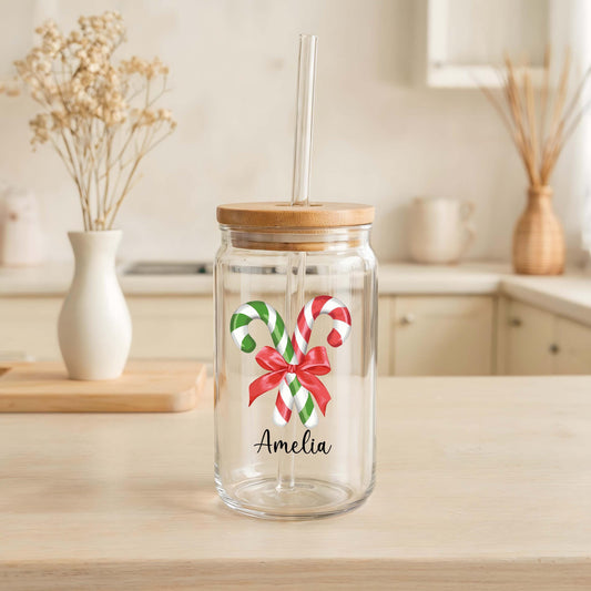 Custom Name Candy Cane Design Can Glass Tumbler, Christmas Party Iced Coffee Cup