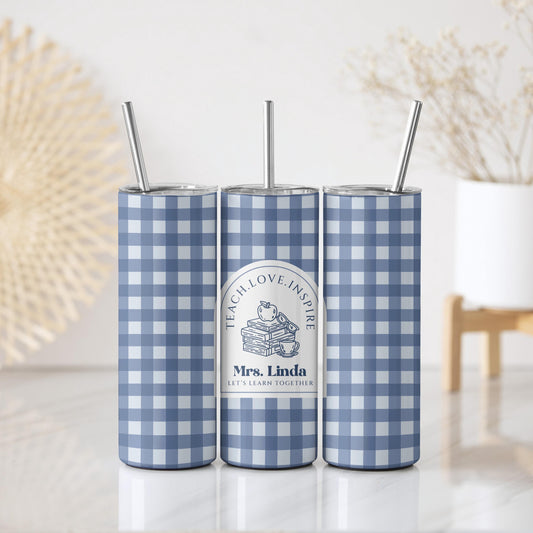 Personalized Blue Gingham Design Teacher Coffee Cup, Teach Love Inspire Tumbler With Straw