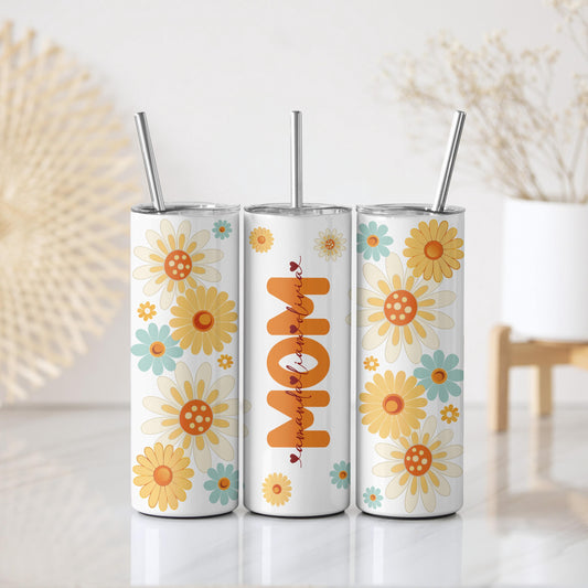 Custom Kids Name Mom Coffee Tumbler, Personalized Daisy & Sun Flower Design Insulated Cup