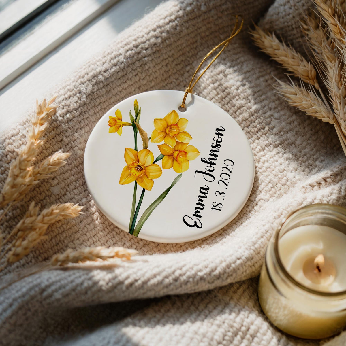 Personalized Birth Month Flower Ornament, Custom Name & Date Ceramic Keepsake
