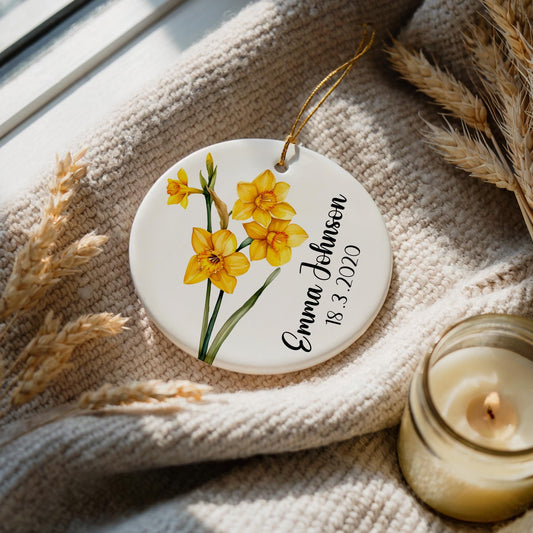 Personalized Birth Month Flower Ornament, Custom Name & Date Ceramic Keepsake
