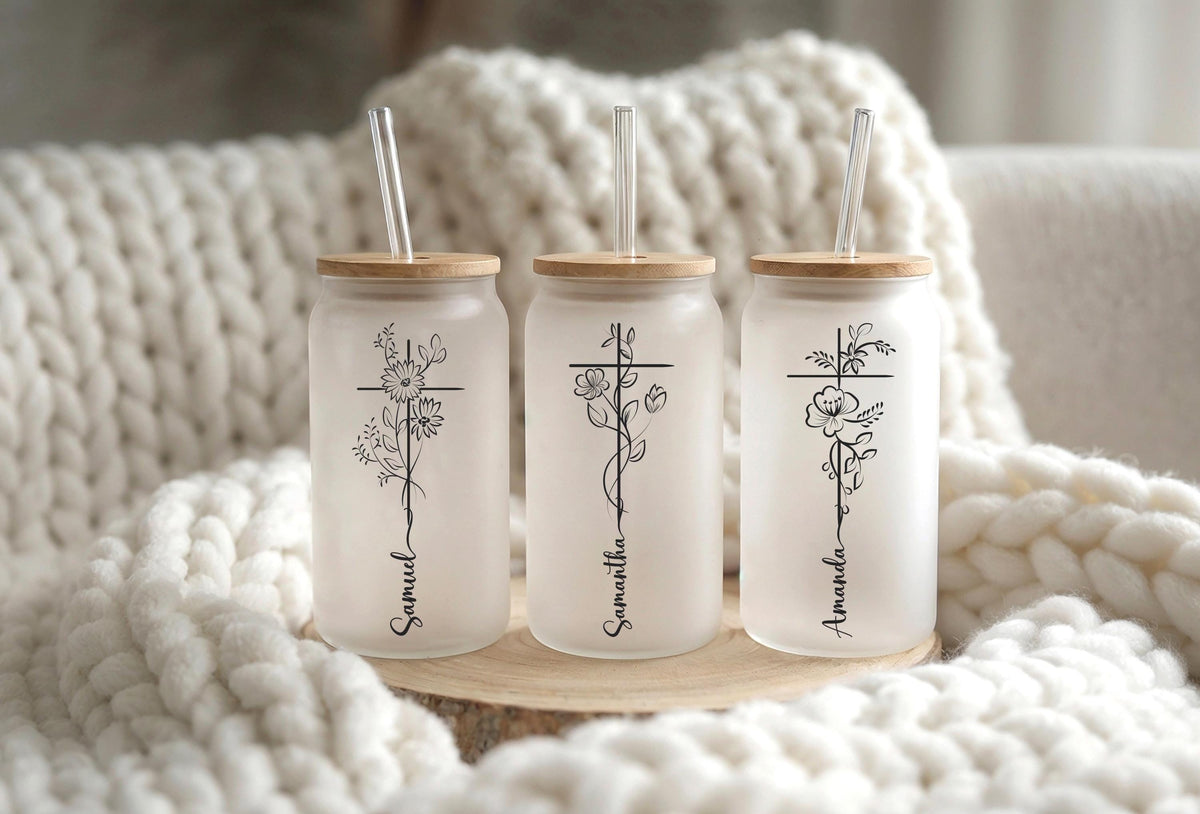 Floral Cross Glass Can, Personalized Iced Coffee Cup with Bamboo Lid, Christian Gift