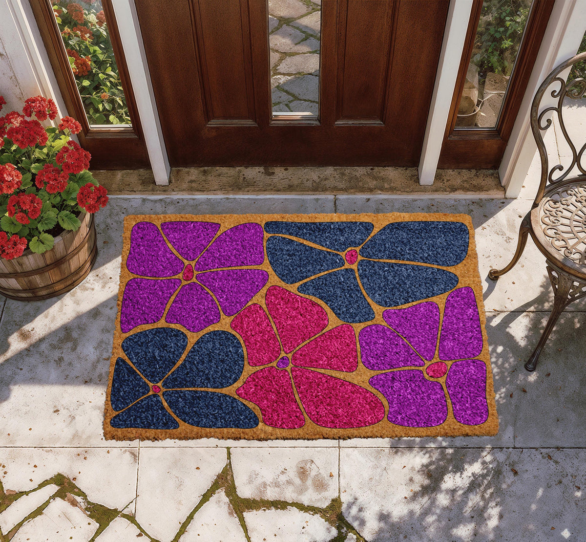 Deep Blue and Pink Floral Welcome Mat, Abstract Botanical Naturel Coir Doormat