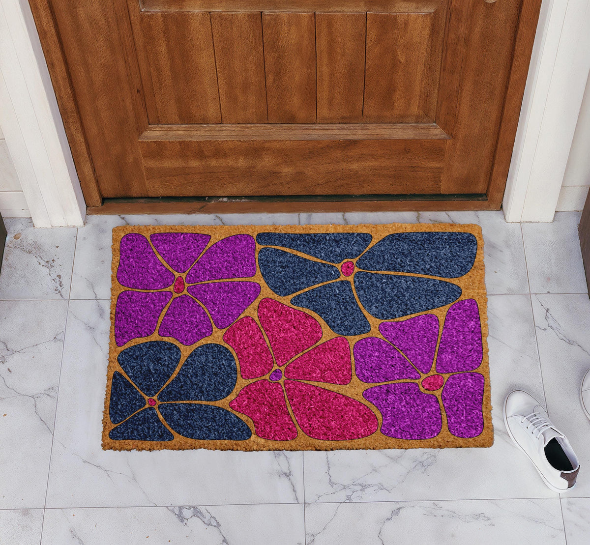 Deep Blue and Pink Floral Welcome Mat, Abstract Botanical Naturel Coir Doormat