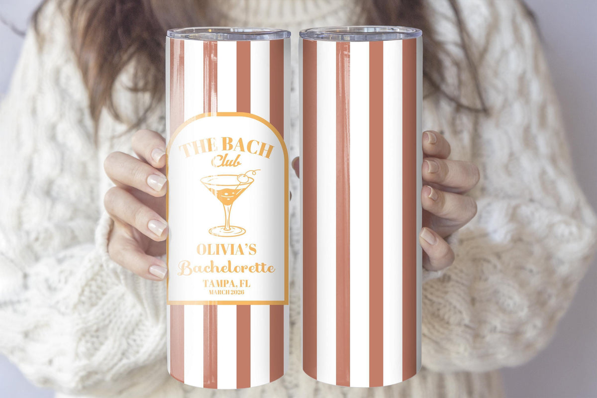 Custom Name Striped Bachelorette Tumbler, Personalized Beach Bach Party Cups