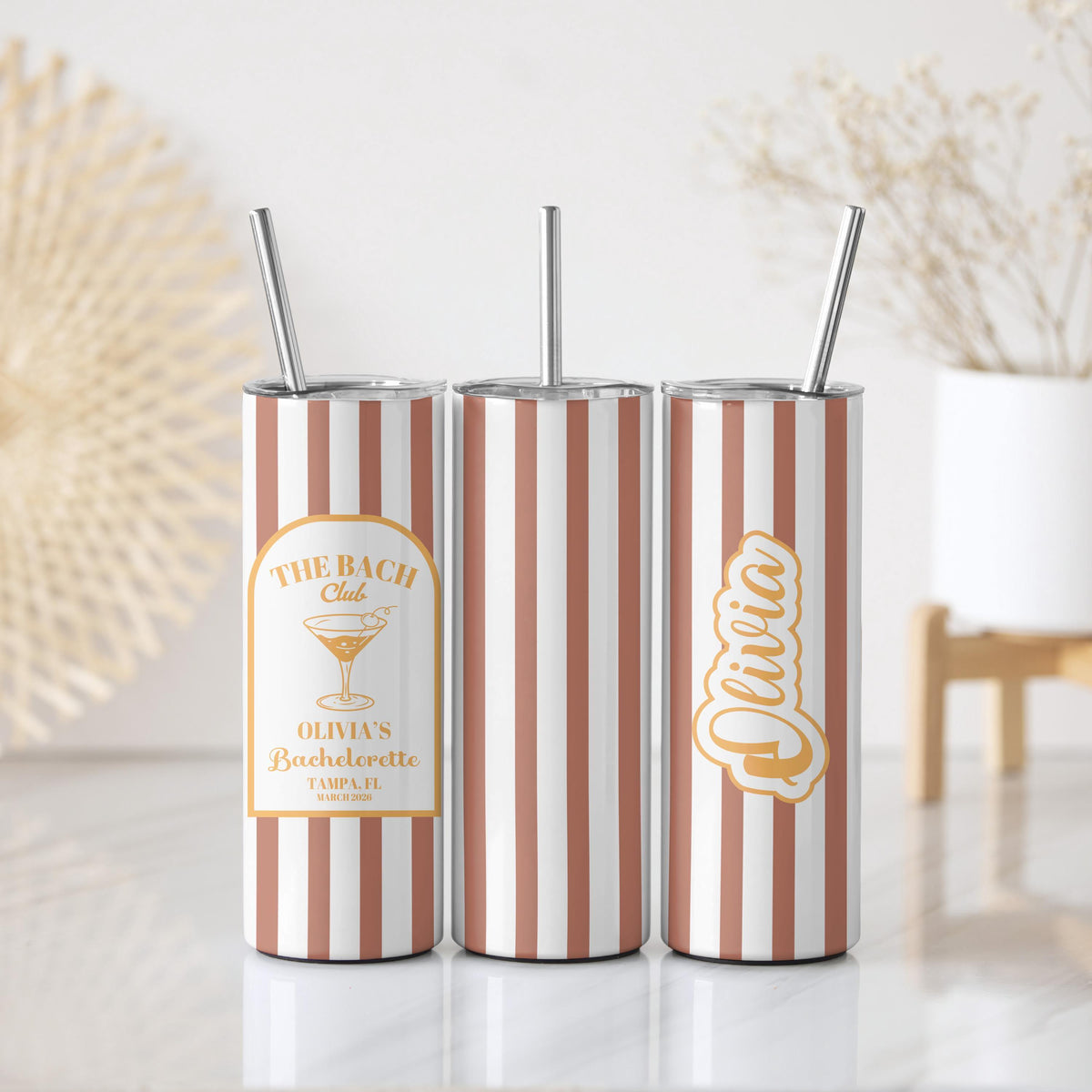 Custom Name Striped Bachelorette Tumbler, Personalized Beach Bach Party Cups