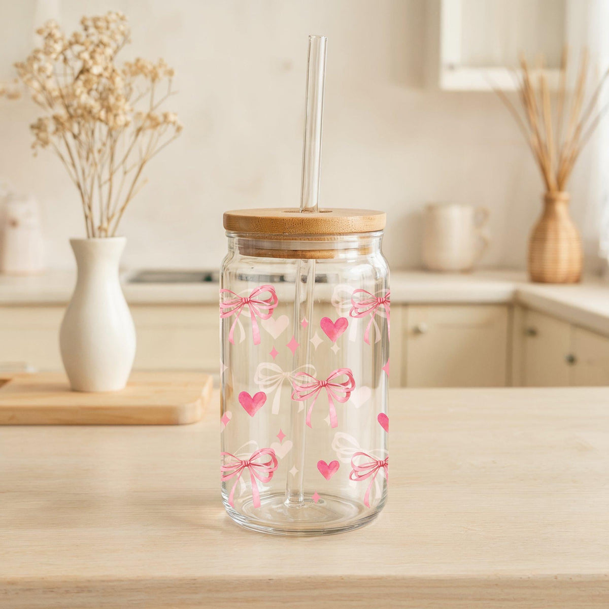 Pink Bows And Hearts Glass Tumbler, Cute Aesthetic Drinkware, Girly Iced Coffee Cup
