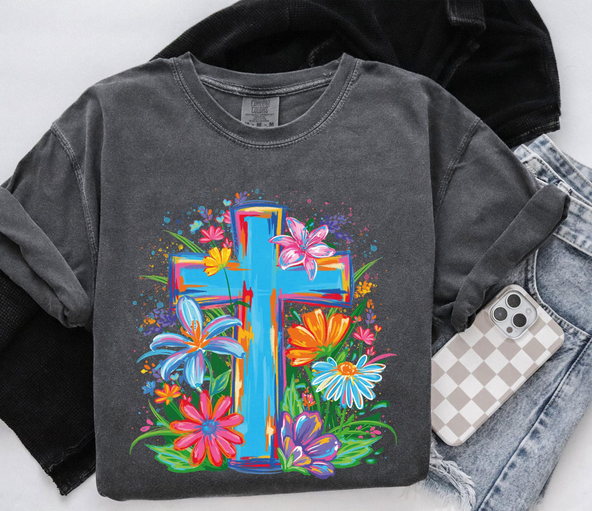 Comfort Colors® Floral Cross Shirt, Christian Women Tee, Boho Religious Mom Gift