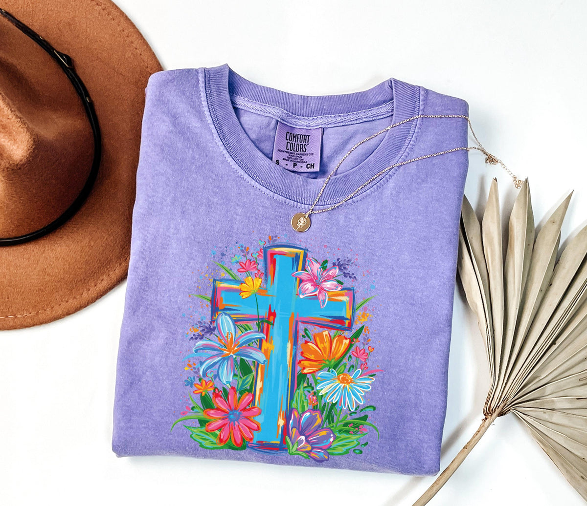 Comfort Colors® Floral Cross Shirt, Christian Women Tee, Boho Religious Mom Gift