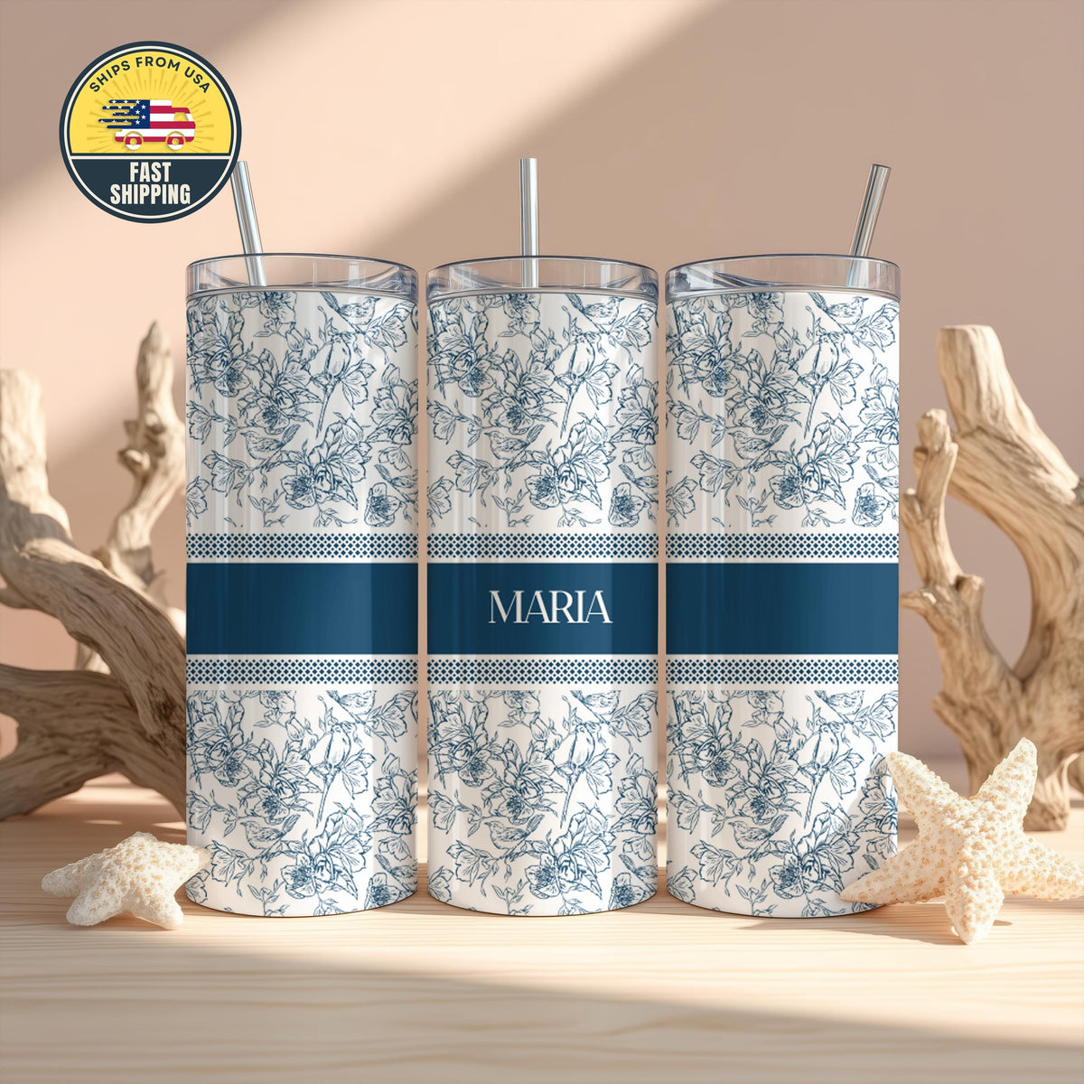 Personalized Blue Floral Tumbler, Blue Floral Name Coffee Cup, Floral Gifts for Her