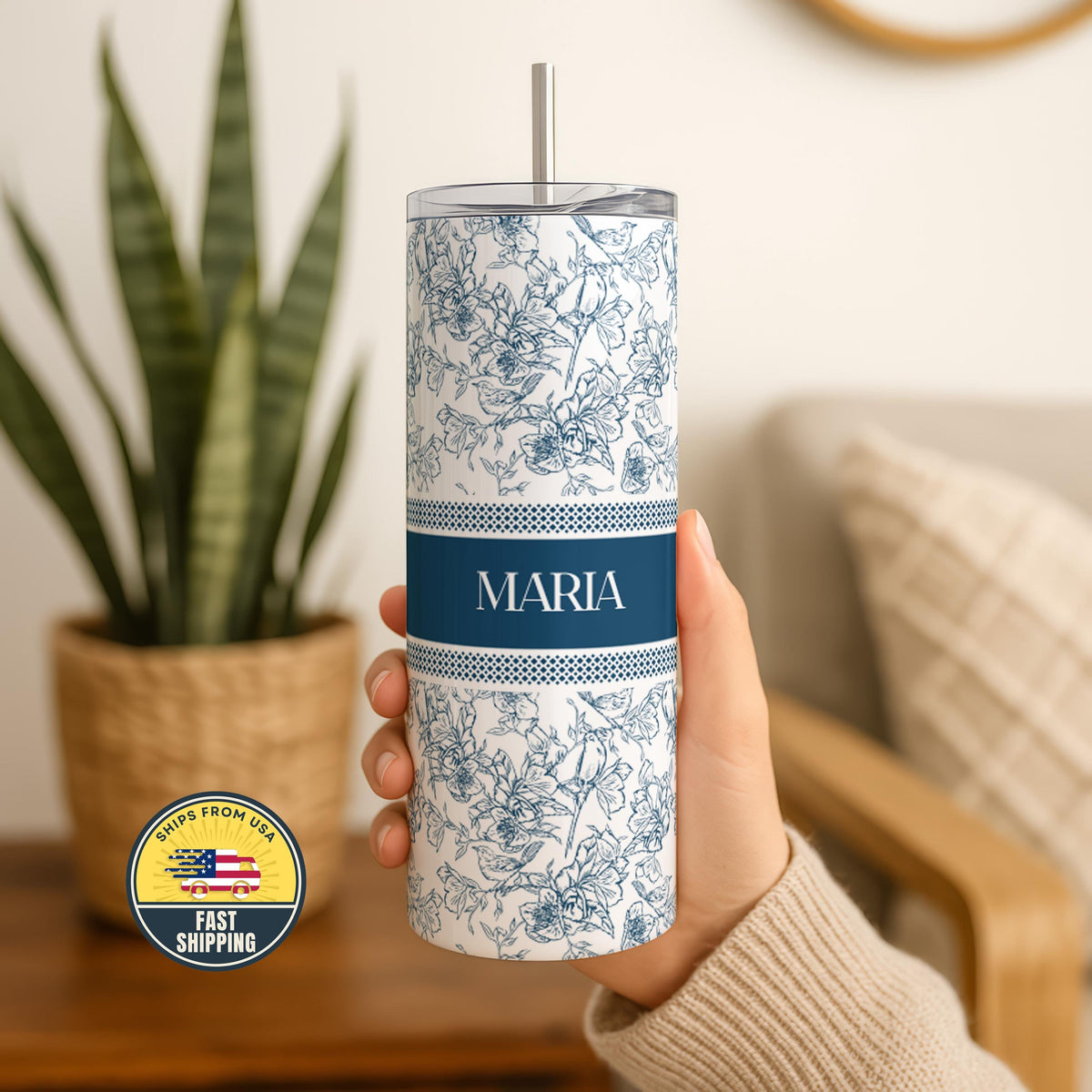Personalized Blue Floral Tumbler, Blue Floral Name Coffee Cup, Floral Gifts for Her