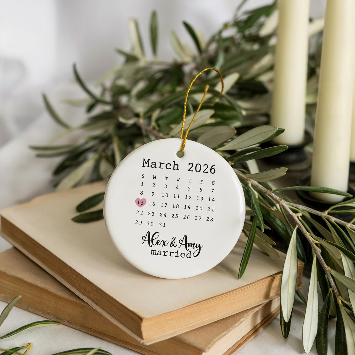 Custom Name & Date Married Ornament, Calendar Design Ceramic Marriage Keepsake
