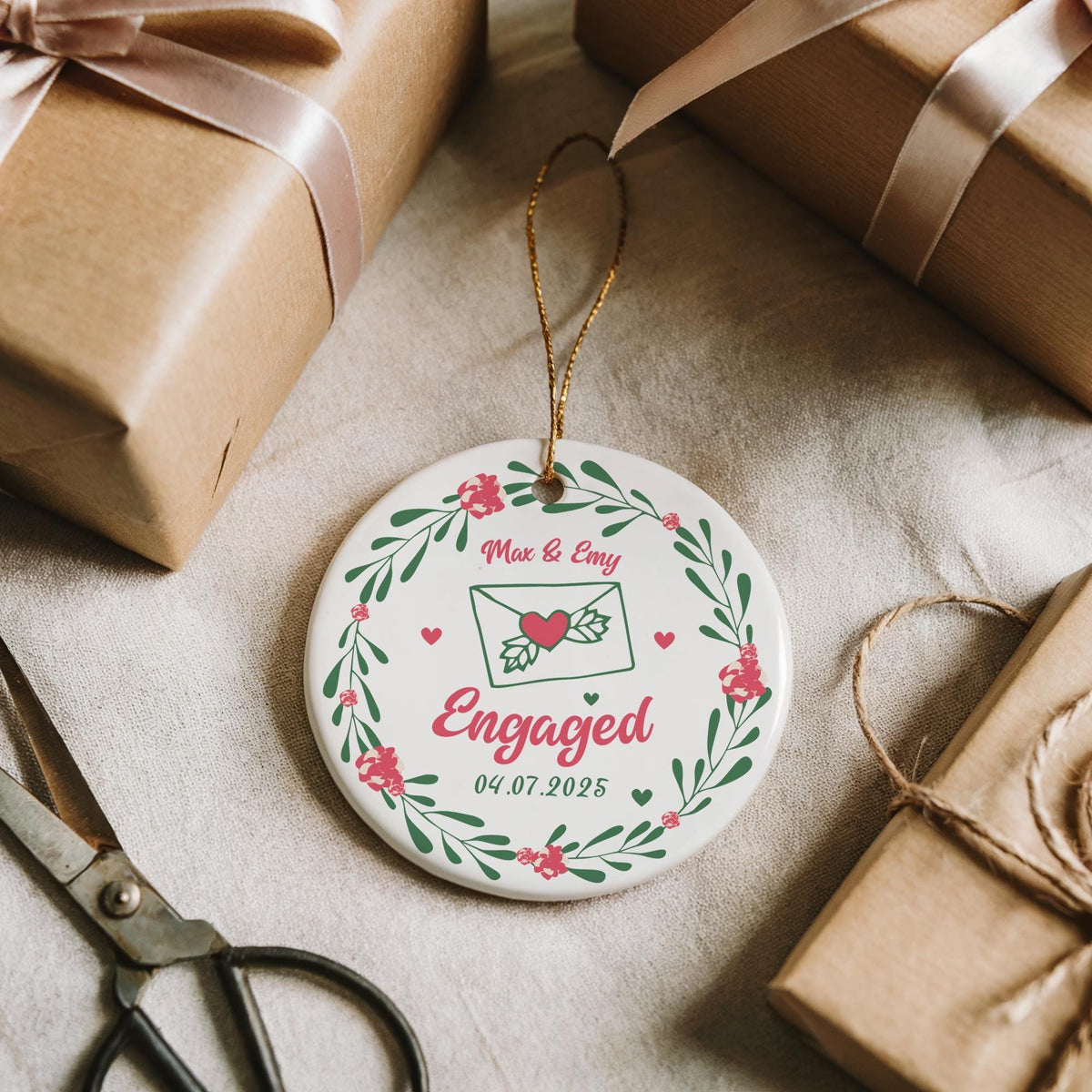 Personalized Engagement Date Ornament, Floral Wreath Engaged Keepsake