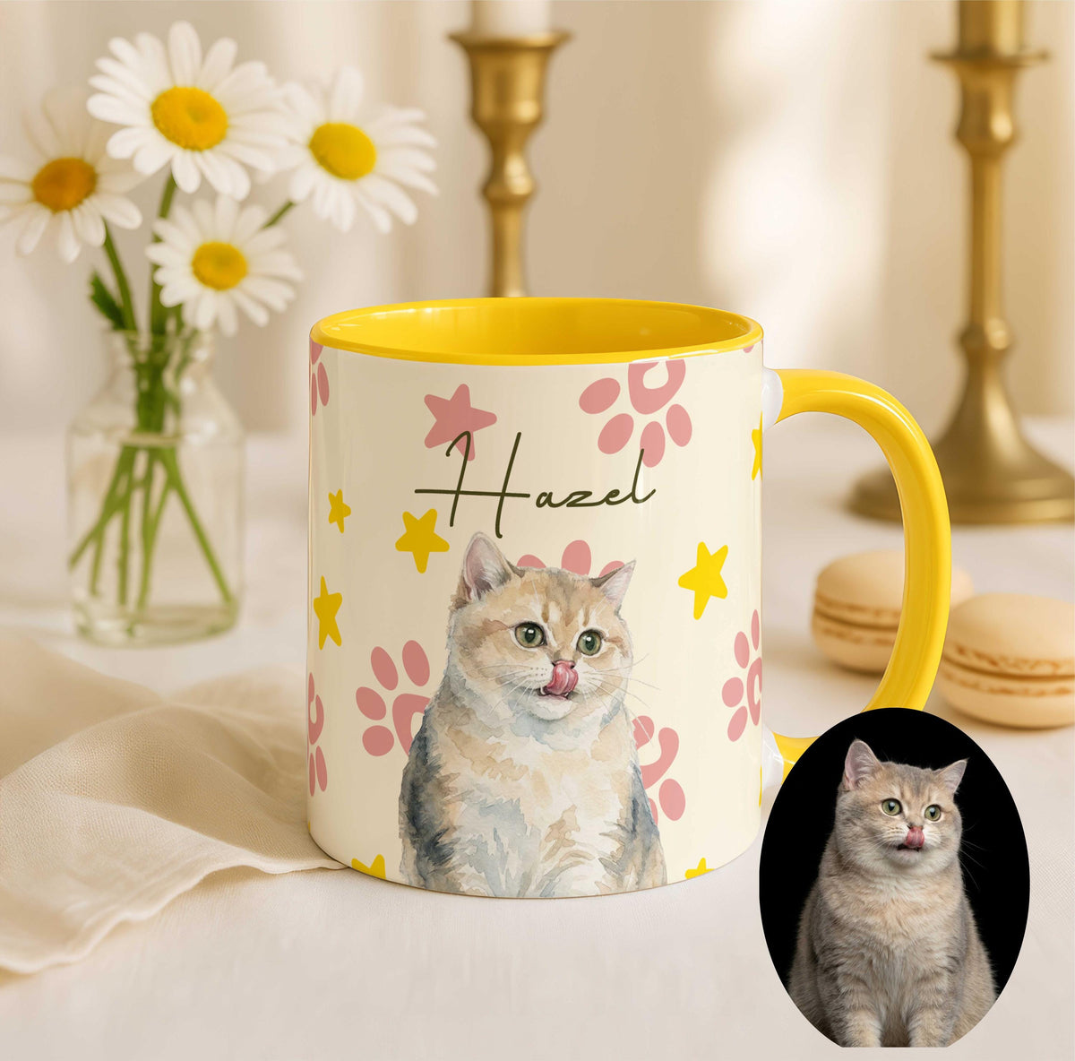 Custom Watercolor Pet Photo Mug, Personalized Cat Portrait & Name Cup, Paw Print Star Pattern Cups, Cats Owner Present, Pets Lover Gift