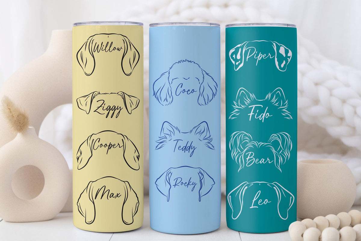 Personalized Dog Ear with Name Tumbler, Custom Pet Names Dog Mom Coffee Cup, Pet Lovers Travel Cup, Colorful Dog Breed Tumbler Gift