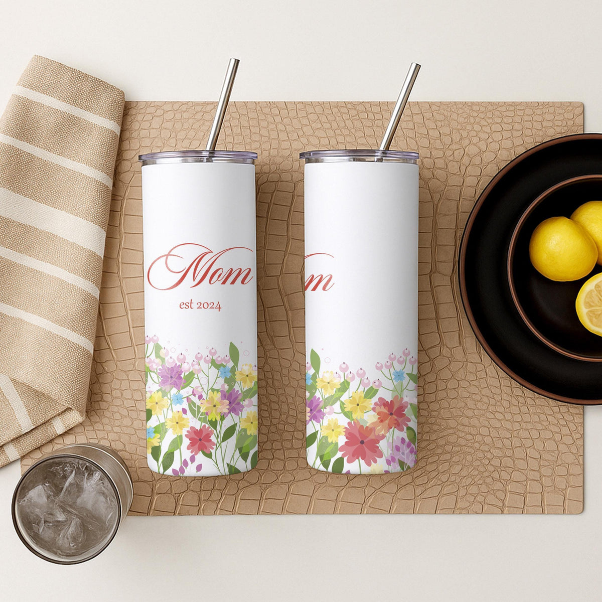 Personalized Floral Mom Est 2024 Tumbler, Stainless Steel Travel Mug