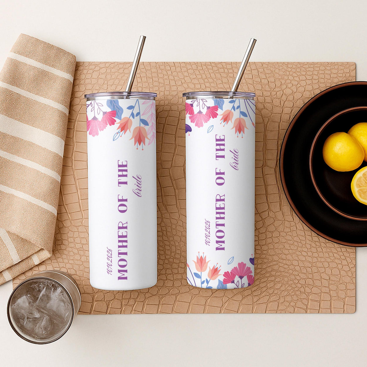Personalized Floral Mother of the Bride Tumbler, Custom Wedding Date Travel Mug