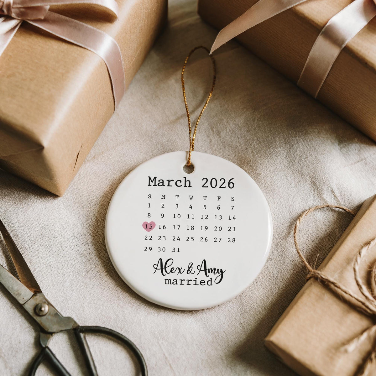 Custom Name & Date Married Ornament, Calendar Design Ceramic Marriage Keepsake