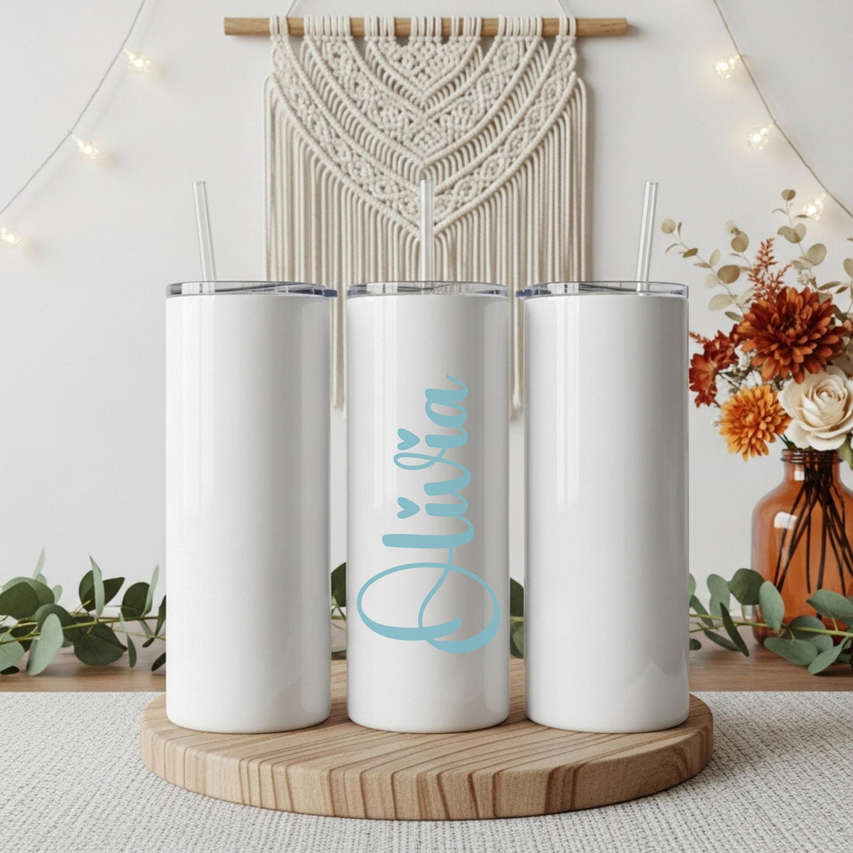 Custom Name Minimalist Tumbler With Straw, Blue Script Women Travel Cup