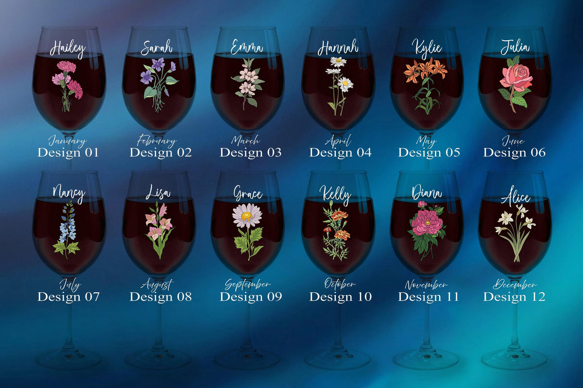 Personalized Birth Flower Glass, Custom Name Stemware, Birth Month Flower Gift for Mom