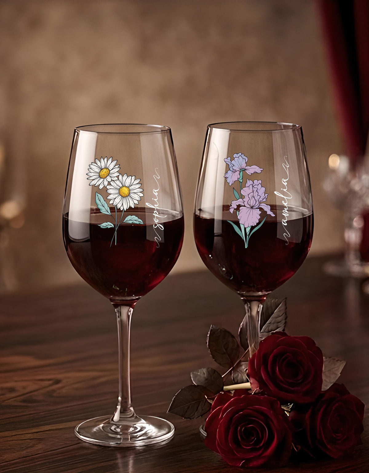 Custom Name Floral Drinking Glass, Bride Wine Glass, Flower Mom Cup, Bridesmaid Gift