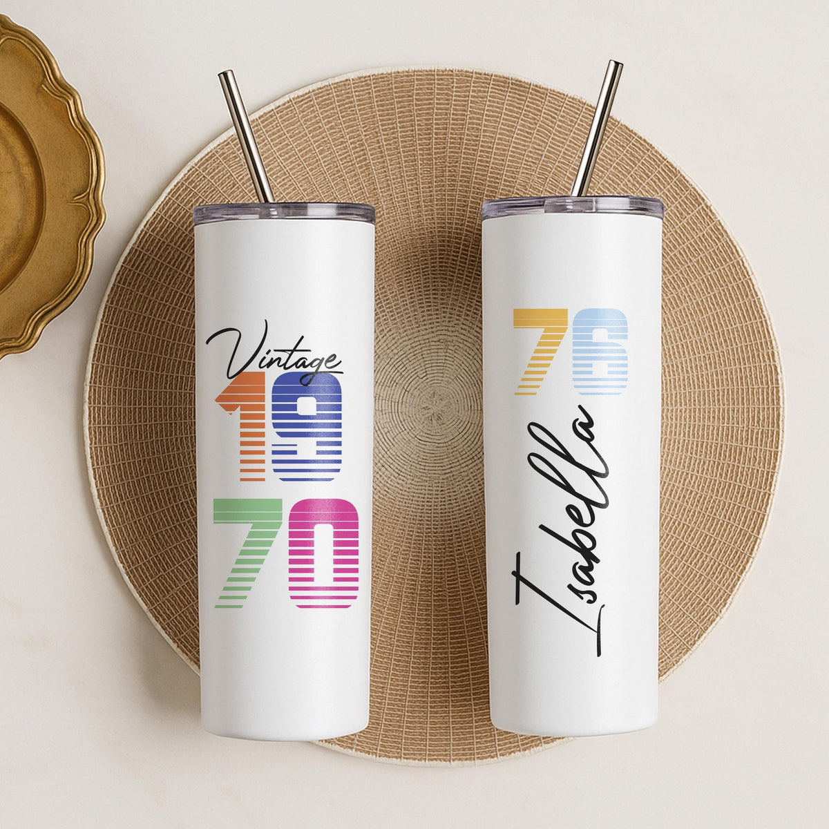 Personalized 20oz Skinny Tumbler, Custom Name Travel Mug, Retro Year Insulated Cup