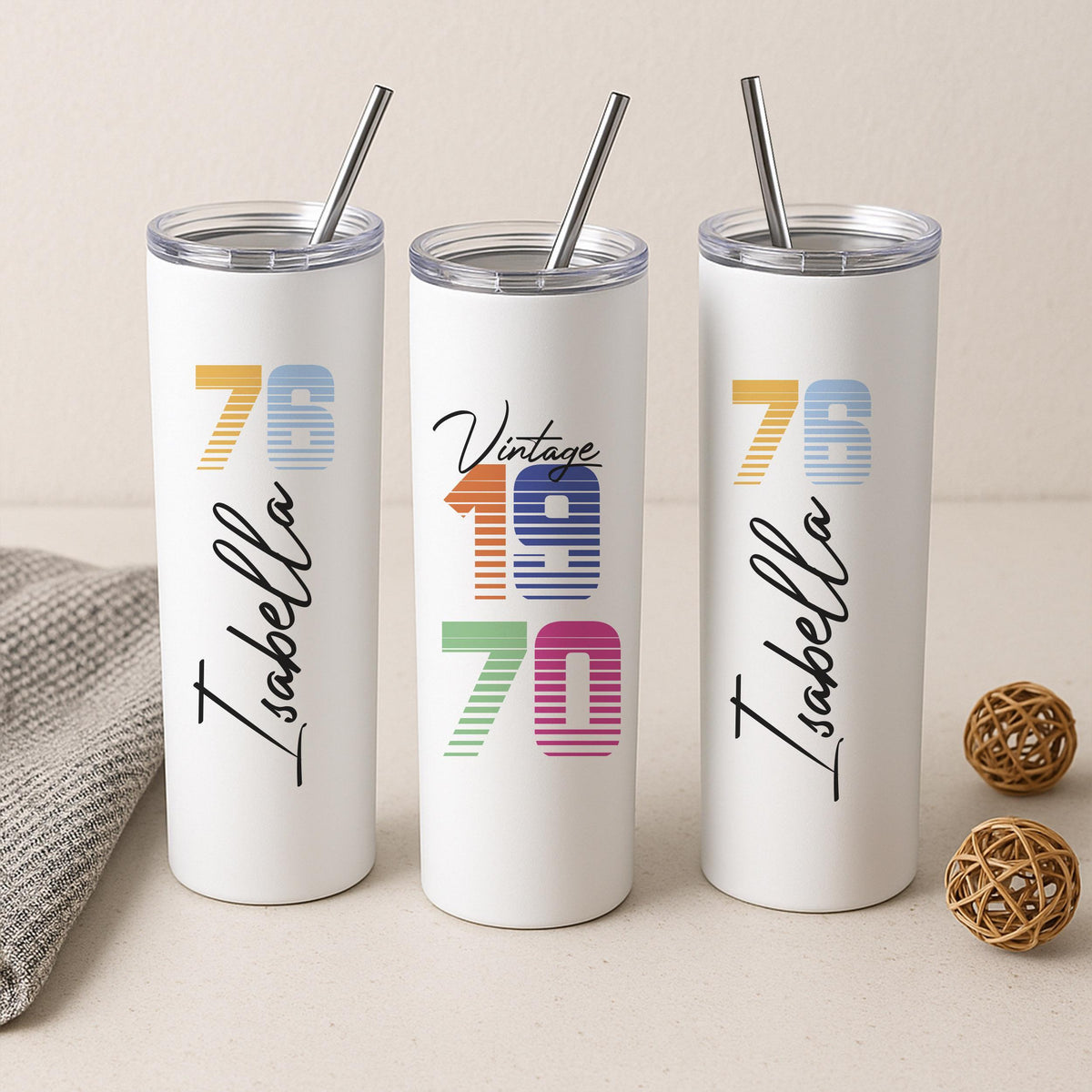 Personalized 20oz Skinny Tumbler, Custom Name Travel Mug, Retro Year Insulated Cup