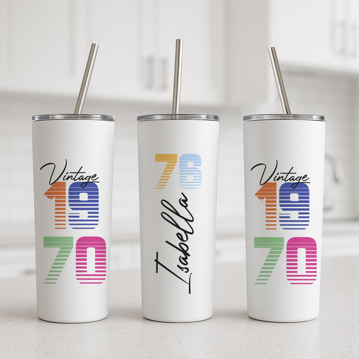 Personalized 20oz Skinny Tumbler, Custom Name Travel Mug, Retro Year Insulated Cup