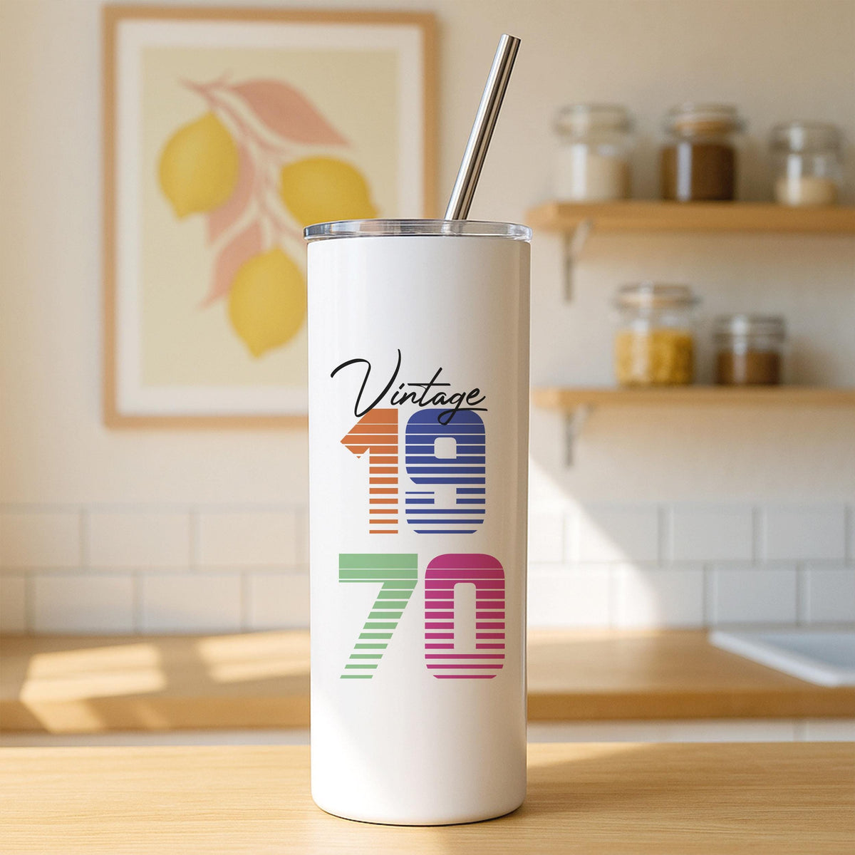Personalized 20oz Skinny Tumbler, Custom Name Travel Mug, Retro Year Insulated Cup