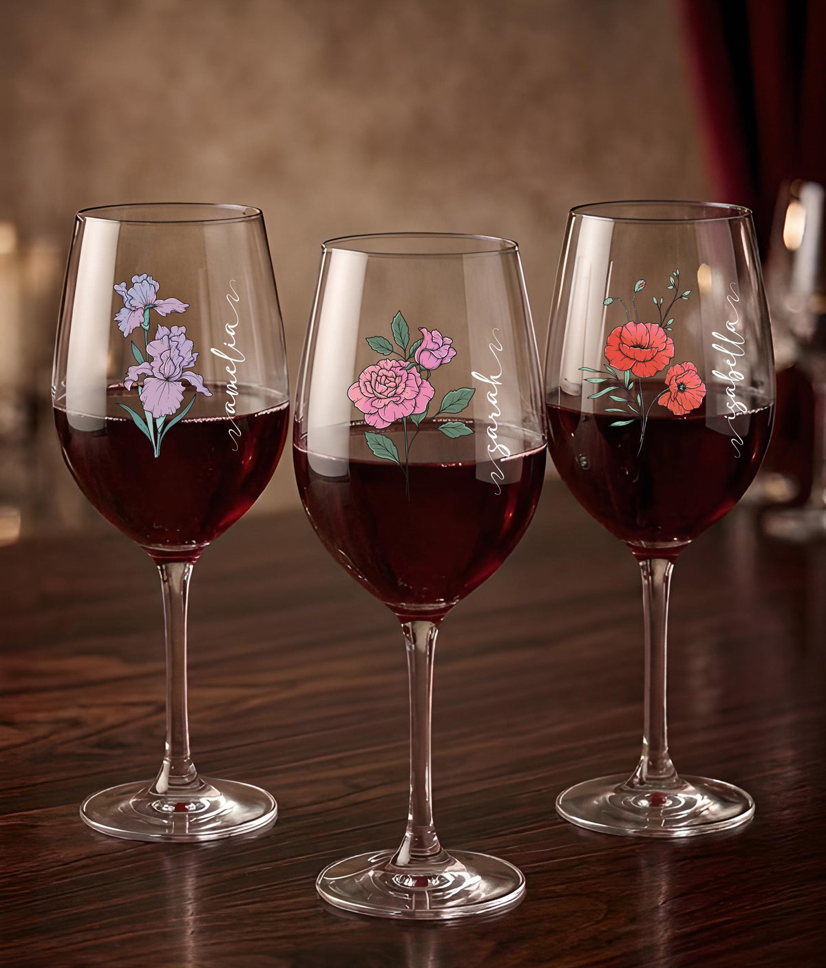 Custom Name Floral Drinking Glass, Bride Wine Glass, Flower Mom Cup, Bridesmaid Gift