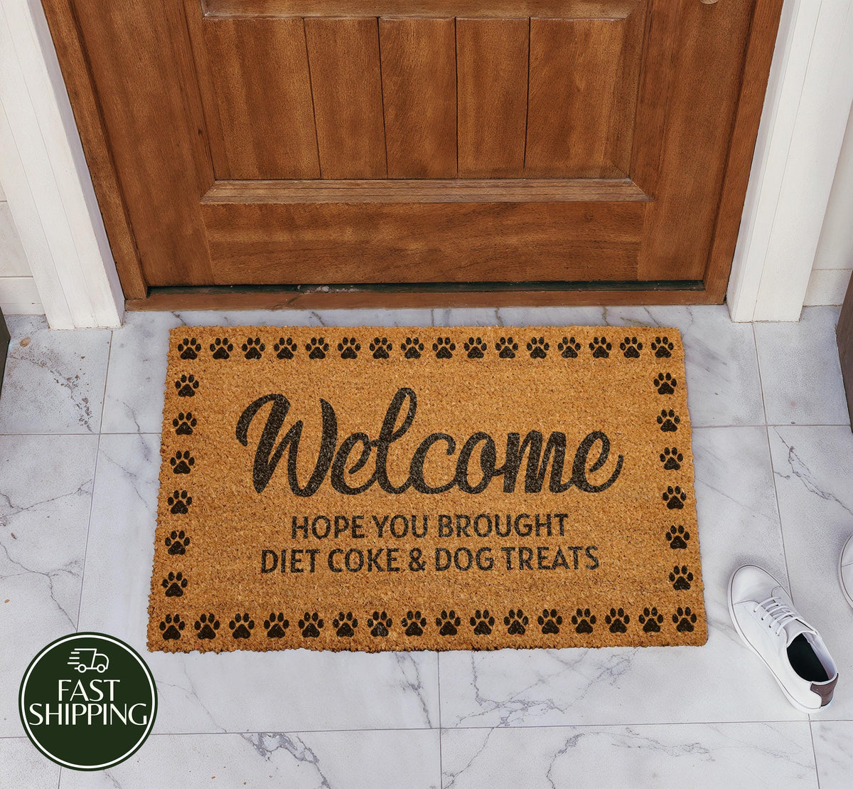 Paw Pattern Border Welcome Mat, Hope You Brought Diet Coke & Dog Treats Doormat