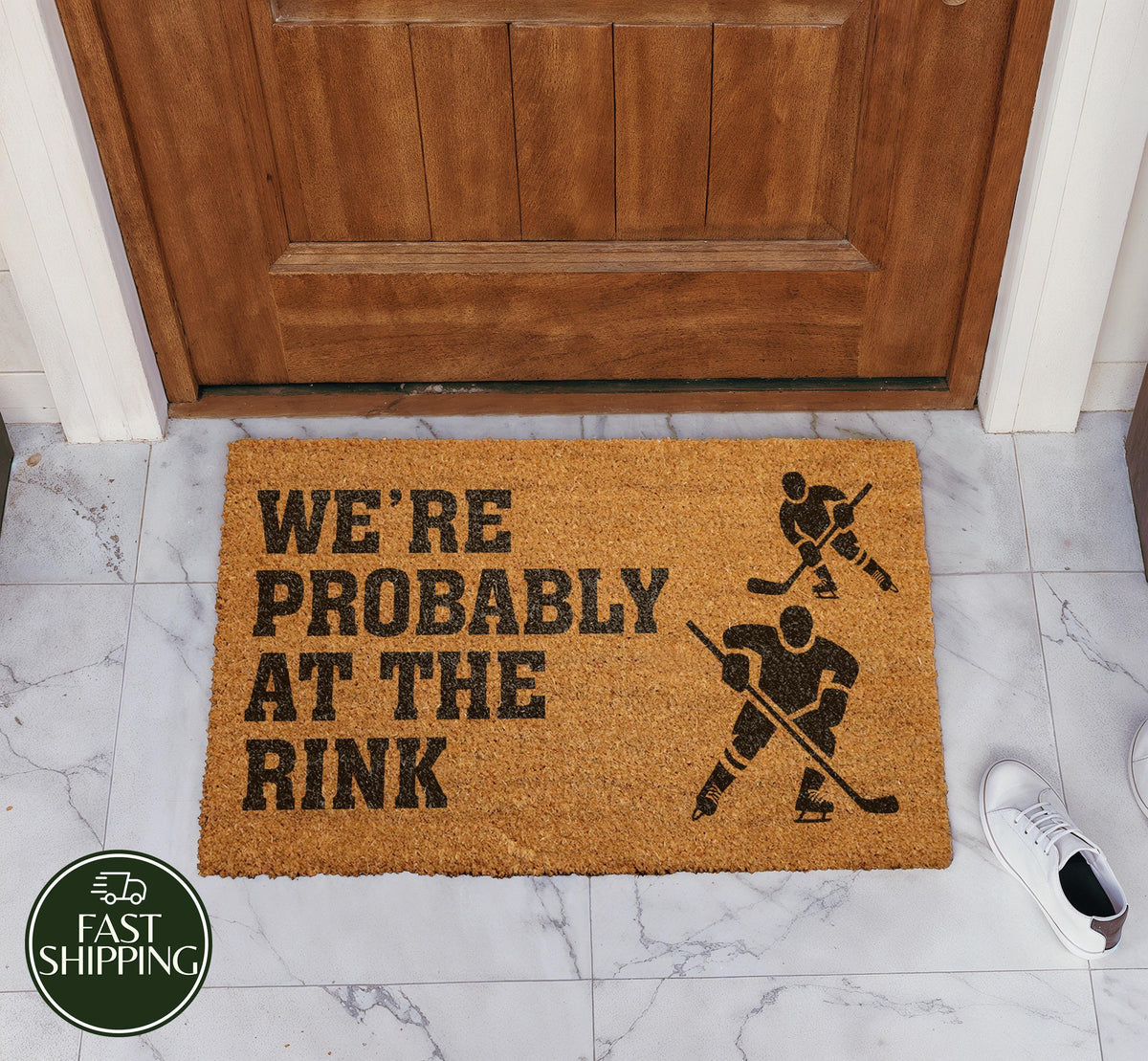We're Probably At The Rink Welcome Mat, Hockey Family Doormat, Sports Fan Housewarming Gift