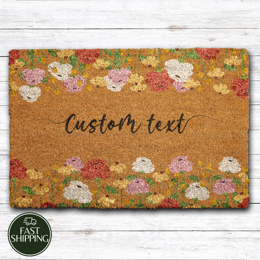 Custom Text Floral Doormat, Spring - Summer Season Welcome Mat