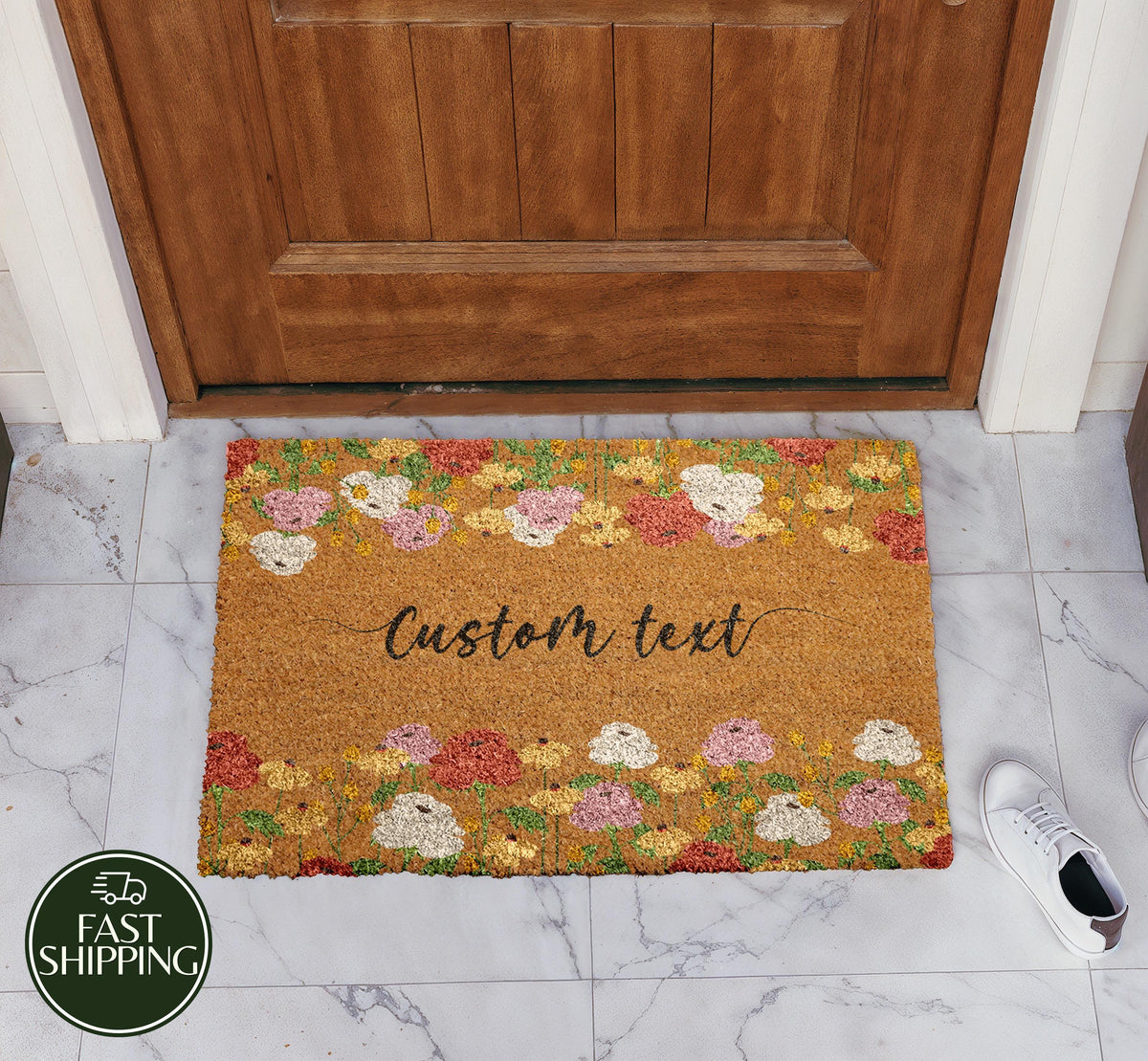 Custom Text Floral Doormat, Spring - Summer Season Welcome Mat