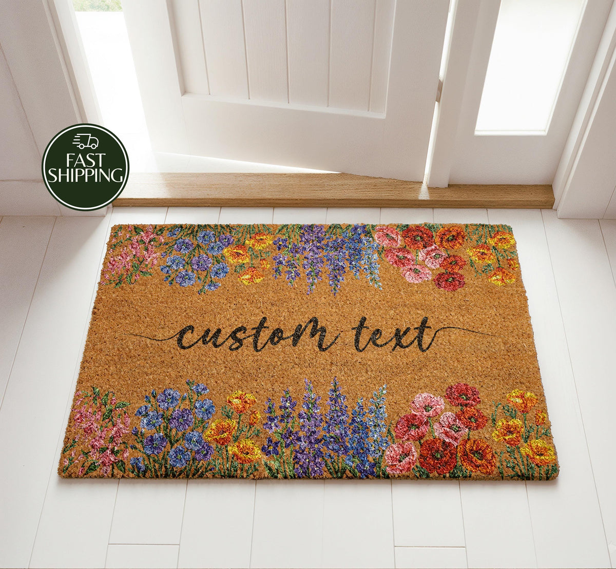 Personalized Wildflowers Doormat, Custom Text Boho Welcome Mat, Botanical Floral New Home Gift
