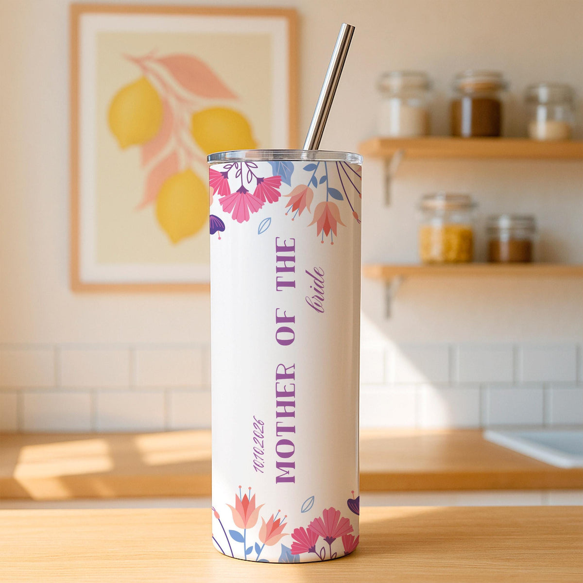 Personalized Floral Mother of the Bride Tumbler, Custom Wedding Date Travel Mug