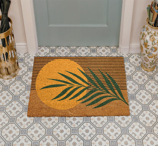 Retro Sun Doormat, Boho Entryway Door Mat, Tropical Coir Mat, Abstract Palm Floor Rug