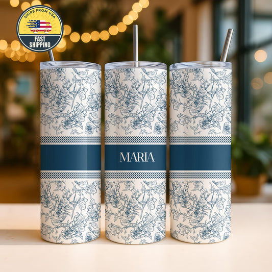 Personalized Blue Floral Tumbler, Blue Floral Name Coffee Cup, Floral Gifts for Her