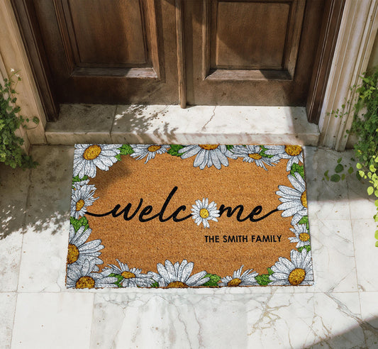 Personalized Daisy Welcome Doormat, Custom Family Name Home Entrance Decor