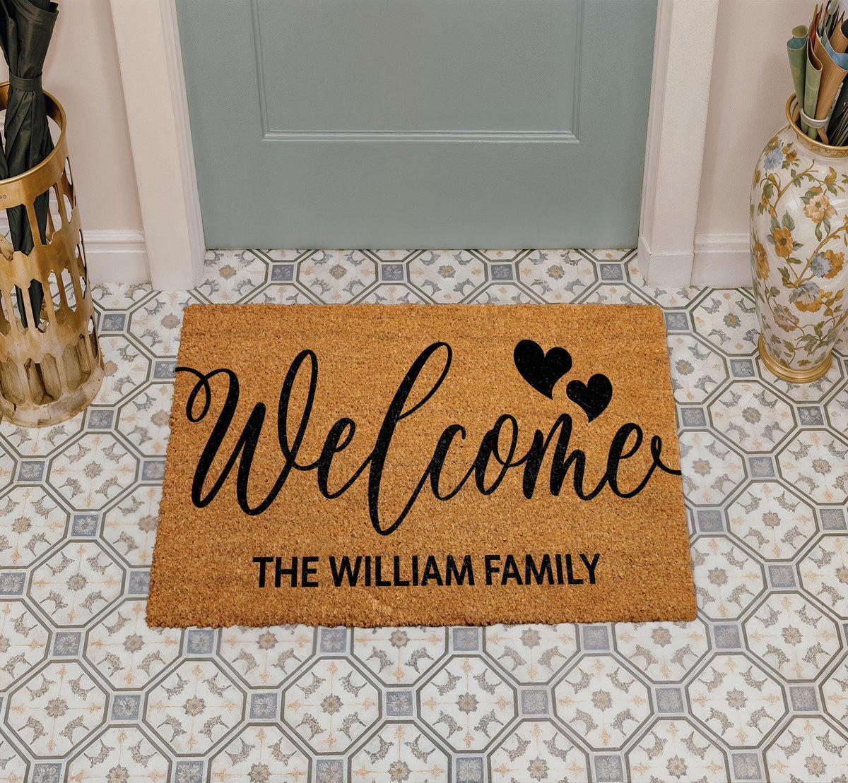 Personalized Welcome Doormat with Hearts, Custom Family Last Name Door Mat
