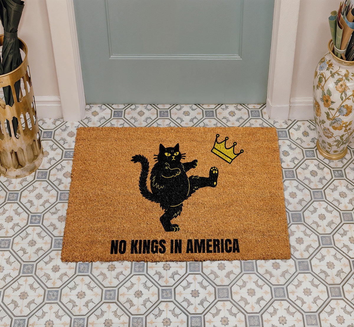 No Kings in America Doormat, Anti Monarchy Welcome Mat, Kick the Crown Home Entrance Decor