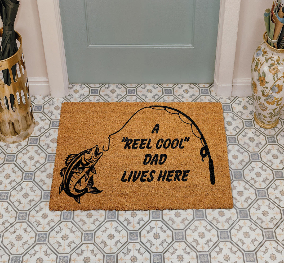 Reel Cool Dad Lives Here Doormat, Custom Funny Fisherman Entrance Decor, Father's Day Gift