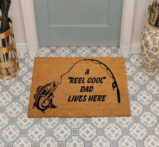 Reel Cool Dad Lives Here Doormat, Custom Funny Fisherman Entrance Decor, Father's Day Gift