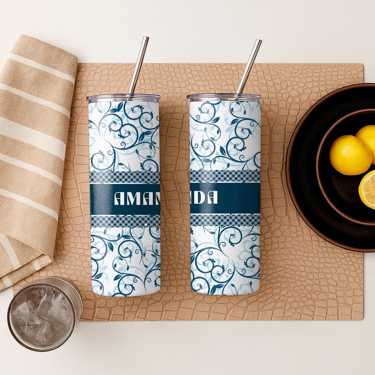 Personalized Floral Tumbler, Custom Name Stainless Steel Travel Mug (20oz)