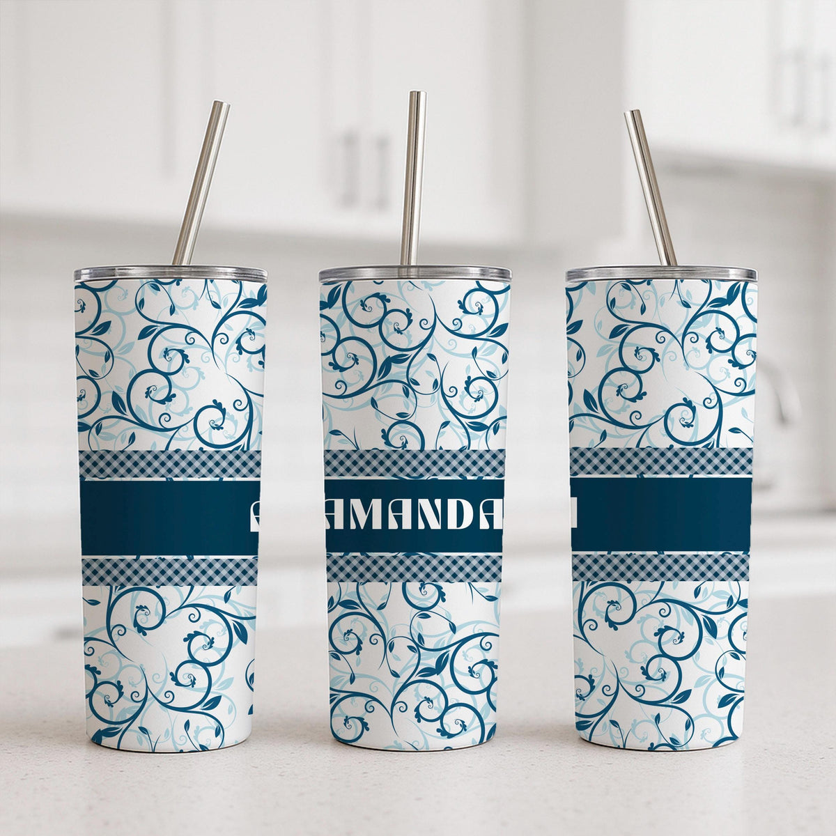 Personalized Floral Tumbler, Custom Name Stainless Steel Travel Mug (20oz)